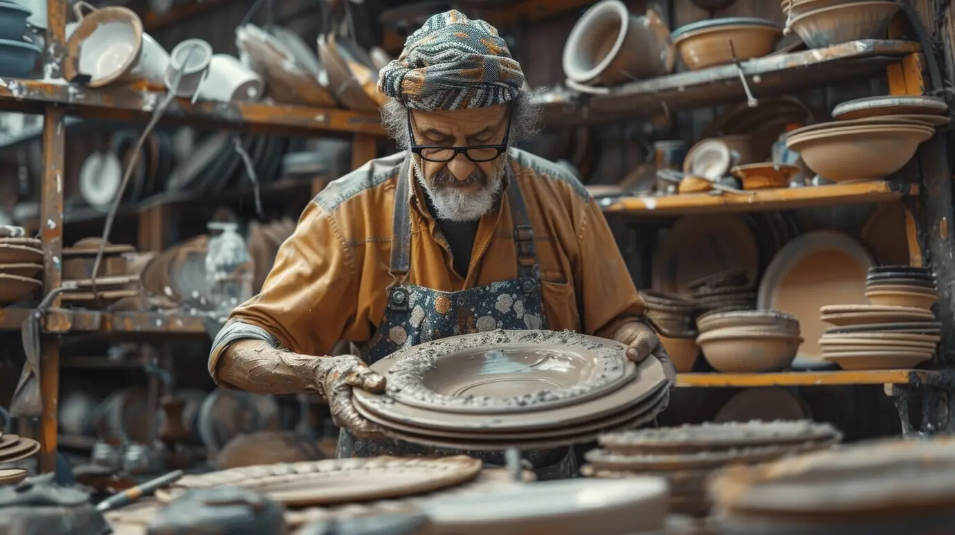 Porträt eines Mannes, der an Steinzeugkeramik arbeitet.